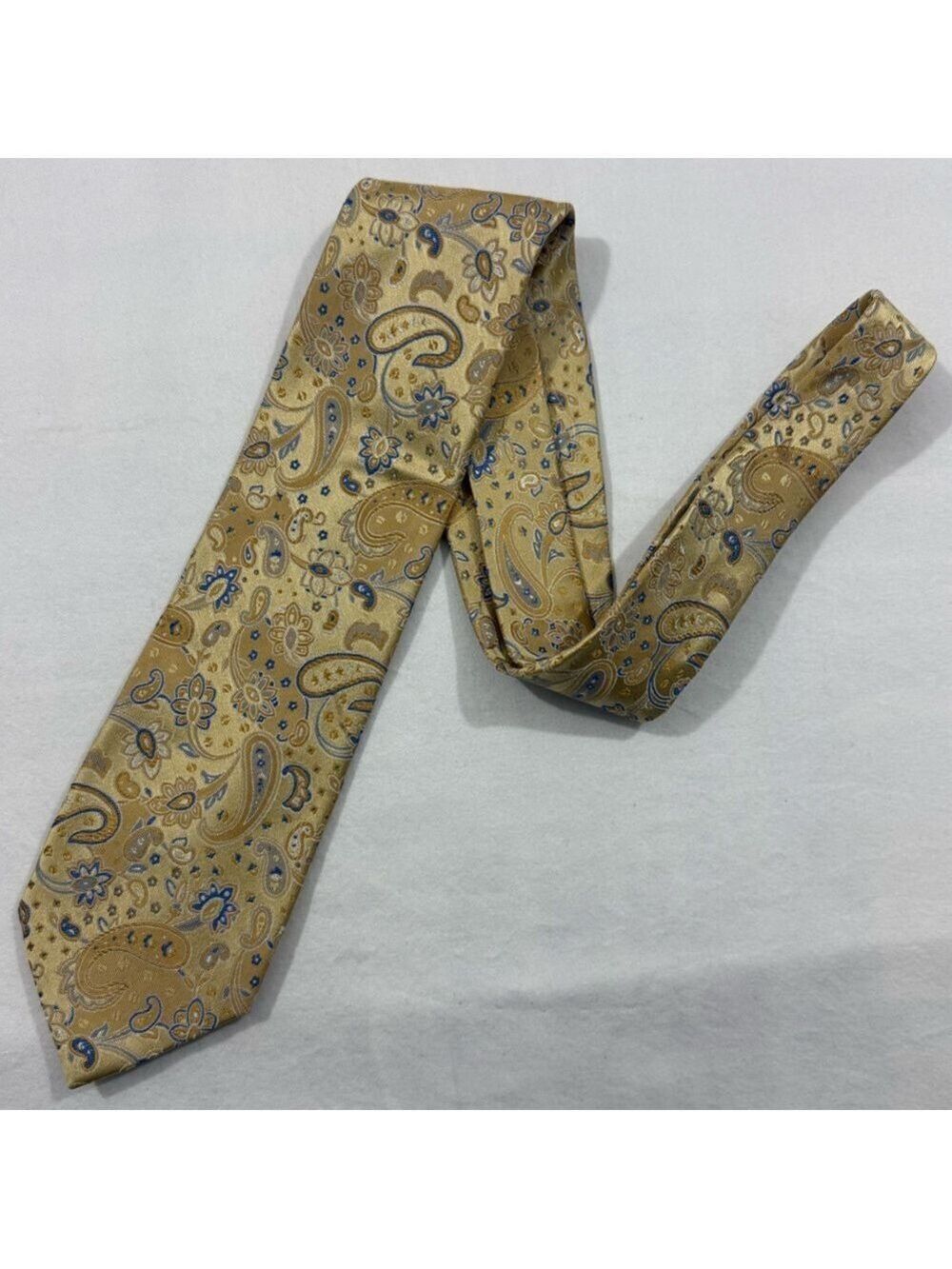 Geoffrey Beene Silk Tie Gold Blue Paisley Designer Mens Necktie